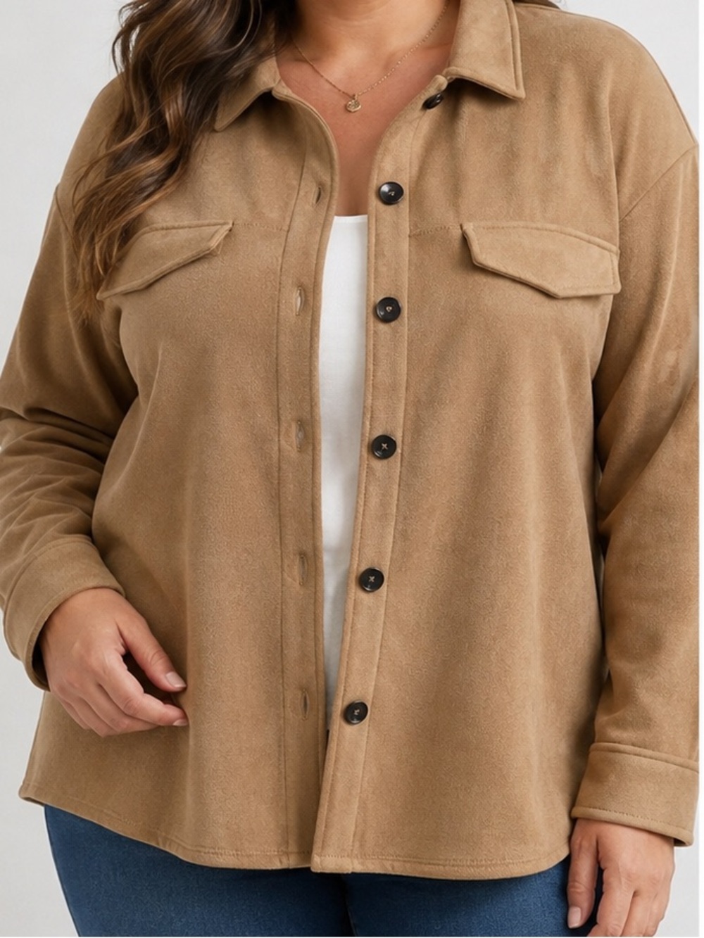 Love 3X Camel Soft Button Front Shacket 95% Polyester Stretch
